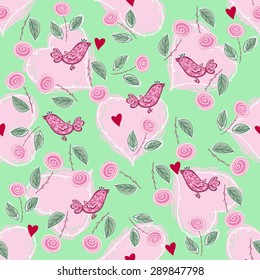 Doodle romantic seamless pattern with roses, hearts and birds 