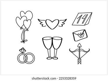 Doodle romantic set icons isolated. Velentine clipart. Sketch for wedding, love or birthday. Outline vector stock illustration. EPS 10