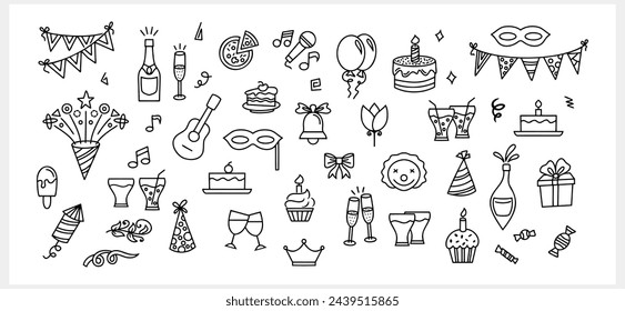 Doodle romántico conjunto de iconos aislados. Línea de arte de San Valentín. Boceto de cumpleaños. Ilustración vectorial de contorno. EPS 10