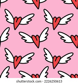 Doodle romantic Valentines day groovy seamless pattern vector clipart. Flying hearts with angel wings seamless pattern. Funky groovy hand-drawn illustrations on white background.