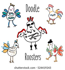 Doodle rooster birds vector set. Funny cocks in hand drawn, sketch style, isolated design elements. Funny cartoon birds collection