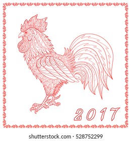 Doodle rooster coloring book page. Red cock with big tail inside of frame. Cockerel is symbol of 2017 year.