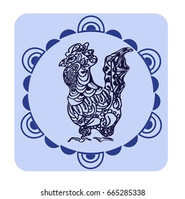 Doodle rooster coloring book page or fabric print inside of frame. Cockerel is symbol of  year.