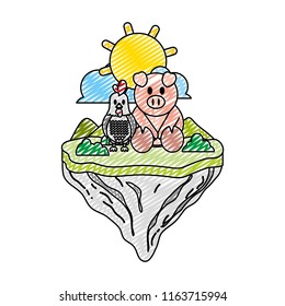 doodle rooster and pig friends in float island