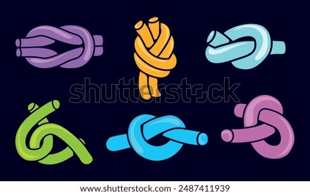 Doodle rope knots. Color strings curlers roller knot infinity connection loop, knotted cord together concept twist string nautical node braid cable trendy neat vector illustration