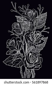 Doodle rose flowers. Decorative floral illustration. Outline flower on black background.