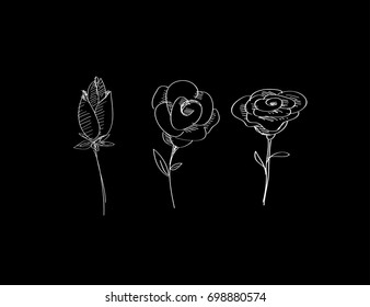 Doodle rose icon vector illustration on black background.