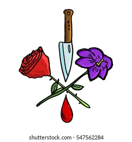 Doodle rose with violet and knife and a drop of blood concept vector illustration