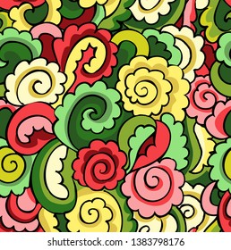 Doodle Roses Seamless pattern. Doodles Wavy Curl print. Rose Ormanent. Vector hand drawn illustration.