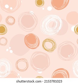 Doodle round abstract seamless pattern. Vector organic background with scribble lines, dots and bubbles. Hand drawn shapes in skin color palette.