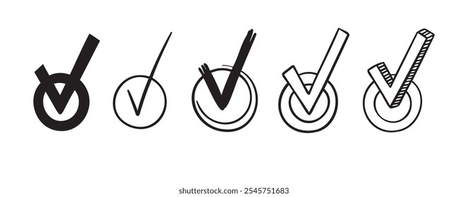 Doodle Round checkboxes with tick. Hand drawn scribble check marks with ticks Set. different doodle signs of correct answer, done, vote. Vector illustration