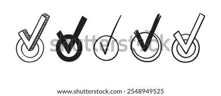 Doodle Round checkboxes with tick. Hand drawn scribble check marks with ticks Set. different doodle signs of correct answer, done, vote. Vector illustration