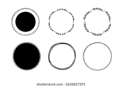 Doodle ronde frame rand set, hand getekende vector cirkel, krabbelvorm, eenvoudige sjabloon