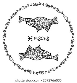 Doodle round framed medieval bestiary style Pisces zodiac symbol. Perfect print for sticker, card, poster. Hand drawn vector illustration.