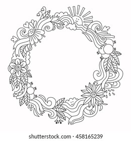 Doodle round summer happy text border with sun flowers waves rainbow and clouds. Black and white. 