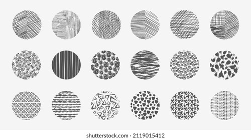 Doodle round textures. Sketch scribble pattern, scratching graphics in circles. Abstract grunge design elements, decorative trendy vector art collection