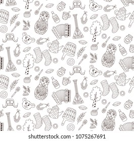 Doodle russia traditional symbols souvinirs line outline seamless vector pattern