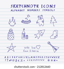 Doodle Russian Icons, Alphabet and Symbols Set. Vector sketch note collection 