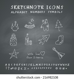 Doodle Russian Icons, Alphabet and Symbols Set. Vector set on chalkboard background