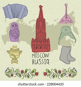 Doodle Russian vector set. Country shape with region borders, ornament and icons