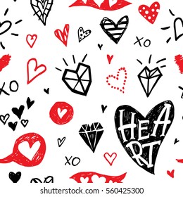 Doodle Rustic Hand Drawn Hearts. Seamless Pattern.