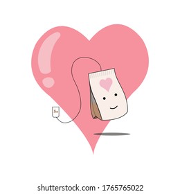 Doodle sachet of love tea with a pink heart symbol on the back. Isolated on white background.