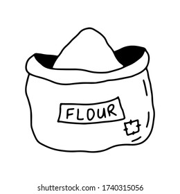 Doodle sack of flour on an isolated white background. Cooking recipes. Bakery set hand drawn. Stock vector illustration.
