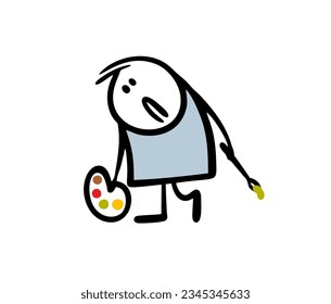 Doodle sad artist walks with his head down holding a palette with paints and a brush. Vector illustration of a failed stickman from the art world. Isolated character on white background.