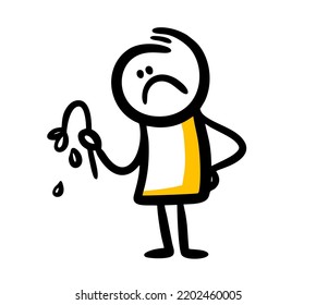 Doodle sad character holds a flower with fallen petals. Vector cartoon illustration of sad man and floral nature.