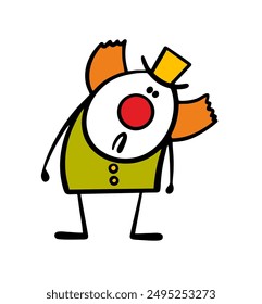 Doodle sad clown with red hair and hat cries and shows a circus act. Vector illustration   cartoon  theatre artist tilts his head and makes grin.