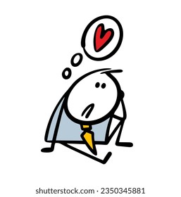 El hombre triste y triste de Doodle con un corazón roto se sienta en el suelo y piensa en el amor. Ilustración vectorial de un caricaturista en depresión. Carácter lindo aislado en fondo blanco.