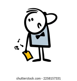 Doodle sad young musician and composer looks puzzled at a sheet of paper with notes. Vector illustration of stick figure boy who forgot a melody.