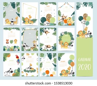 Doodle safari animal calendar 2020 set with giraffe,parrot,lion,monkey for children.Can be used for printable graphic.Editable element