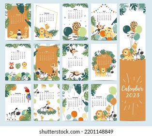 Doodle safari animal calendar set 2020 with giraffe,fox,lion,monkey for children