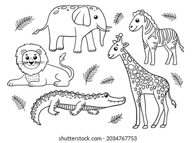 Doodle safari animals on a white background. Crocodile, elephant, lion, elephant, zebra. Coloring. Drawn black lines. Illustration vector. Childish style, big eyes.