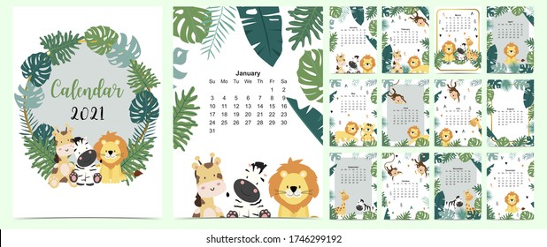 Doodle safari calendar set 2021 with lion, giraffe, zebra, monkey, palm, for children.