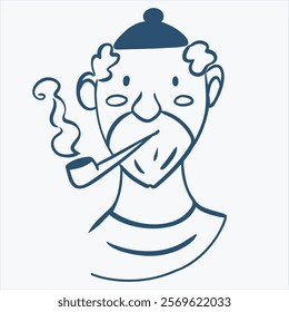 Doodle: sailor with pipe in blue outline in striped shirt for logo, packaging, branding, print, printing