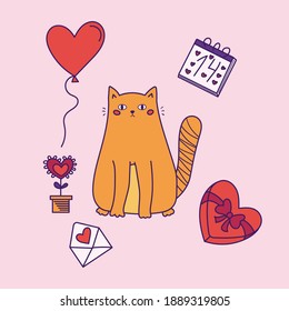 Doodle Saint Valentine day greeting card. Hand drawn cat with flower, sweets, calendar, love letter and balloon. Vector illustration.