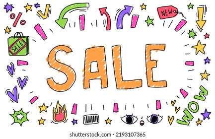 Doodle sale time day line coloring book, stars, text. Shop sketch set isolated collection for scribble, postcard.