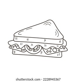 Ilustración del vector alimentario de bocadillos de doodle. Pan sencillo, blanco y negro dibujado a mano con queso de lechuga de tomate para menú, restaurante, entrega