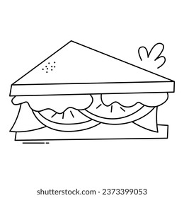 Doodle sandwich line art element. Vector element with food theme and doodle hand drawn style. Illustration.