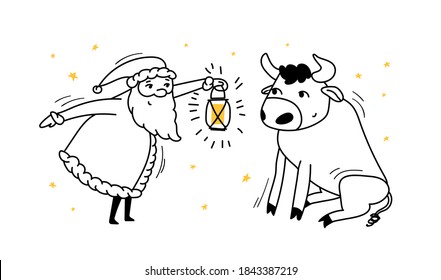 Doodle Santa and the bull. Santa Claus leans forward with a lantern in hand and looks at the bull that sits in front of Santa. Vector stock illustration of new year black on white isolated.