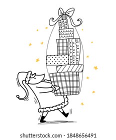 Doodle Santa carries a huge stack of gifts. Cheerful Santa Claus walks with gifts in his hands and a large bow at the top. Vector stock illustration isolated on white background.