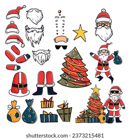 Doodle Santa character constructor, moving arms and legs, combination of hats and faces. Xmas tree with  presents, white mustache, beards. Vector illustration.