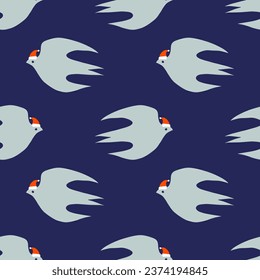 Doodle Santa Dove Pigeon Bird Santa Hat Art Xmas New Year Groovy Seamless Pattern