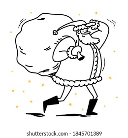 Doodle Santa walks, carries a large bag on his shoulder and looks into the distance with his hand to his forehead. Hand drawn vector stock illustration on white isolated background.