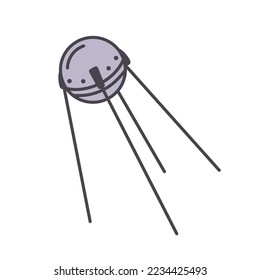 Satélite Doodle. Objeto espacial de dibujos animados. Tecnología de navegación internacional. Icono celeste dibujado a mano. Ilustración del vector aislada en fondo blanco