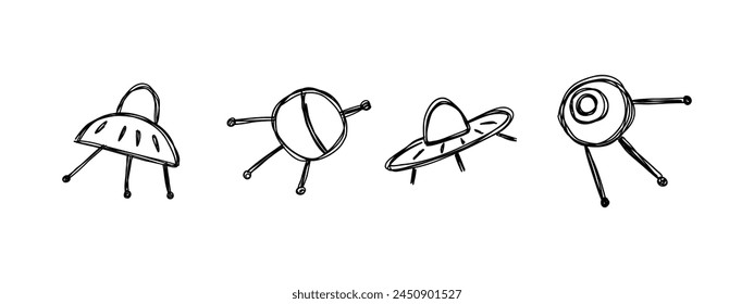 Doodle satellites and flying saucers. Space, stars, spaceship. Vector illustration.