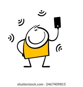 Doodle satisfied cartoon stickman holds a mobile phone and catches the Internet. Vector illustration of a man and many wifi signs.  Funny boy hand drawn isolated on white background.