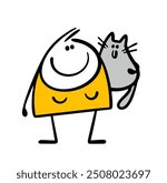 Doodle satisfied woman holds a fat gray cat in her arms. Vector portrait of a proud hostess and a pet at  animal show. Isolated kitten and girl on white background. Cute clipart illustration stickman.